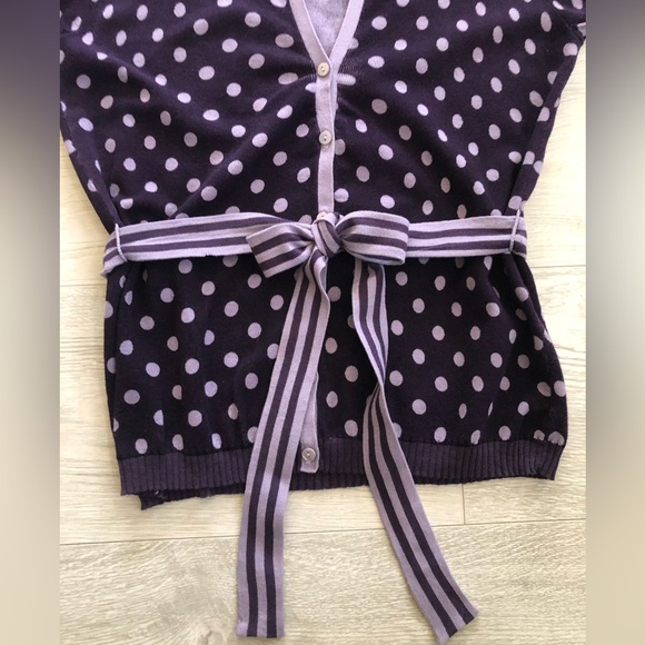 Silkwear Purple Polka Dot Buttoned V-Neck Belted Knit Cardigan Top Blouse - Picture 13 of 16